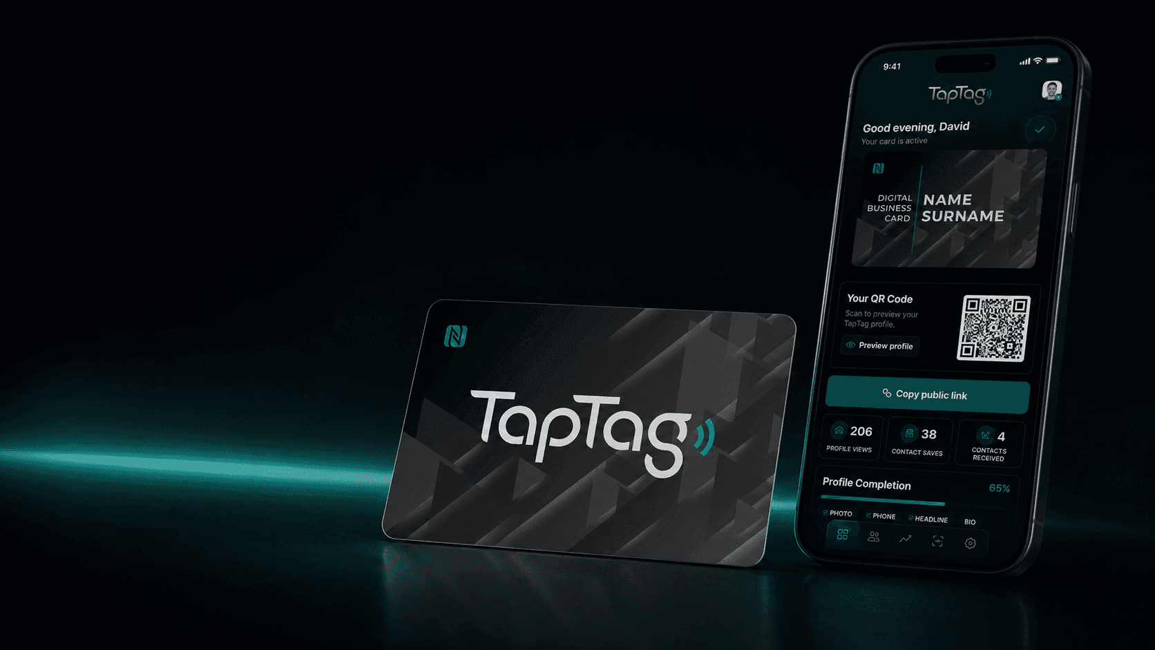 TapTag NFC card and dashboard